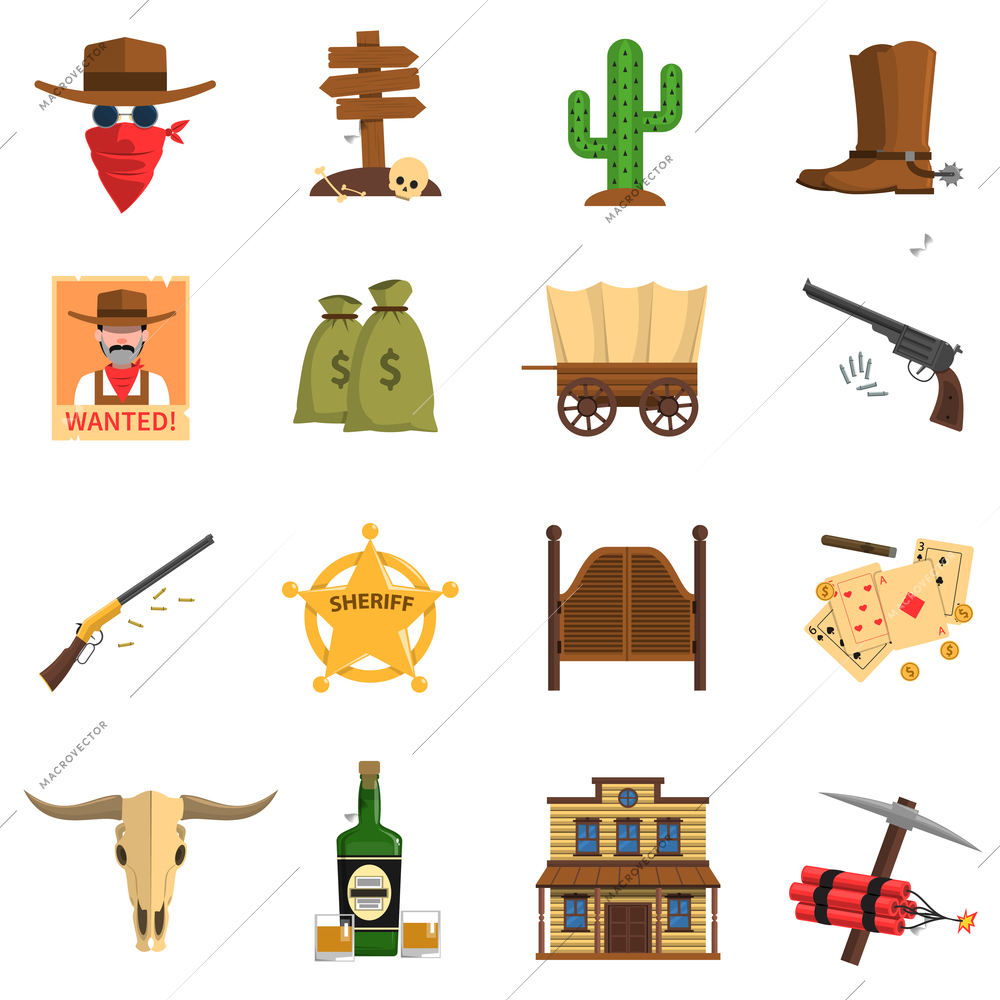 Cowboy flat icons set with cactus wanted sign sheriff badge isolated vector illustration