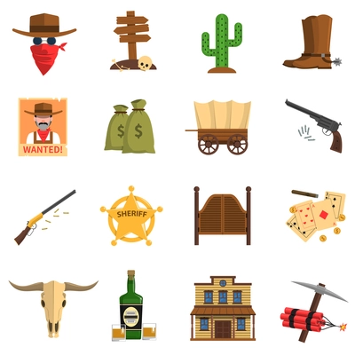 Cowboy flat icons set with cactus wanted sign sheriff badge isolated vector illustration