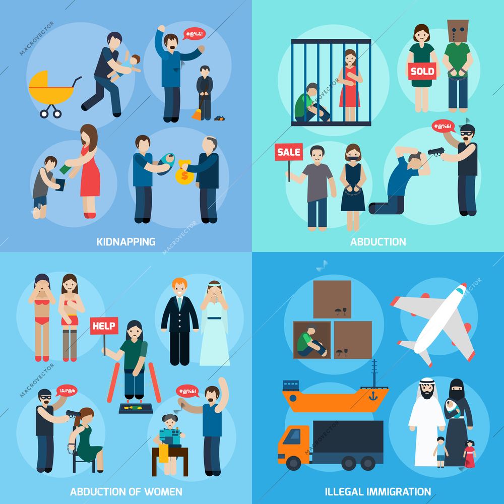 Human trafficking 4 flat icons square composition with women abduction and illegal immigration abstract isolated vector illustration