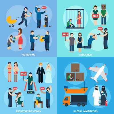 Human trafficking 4 flat icons square composition with women abduction and illegal immigration abstract isolated vector illustration