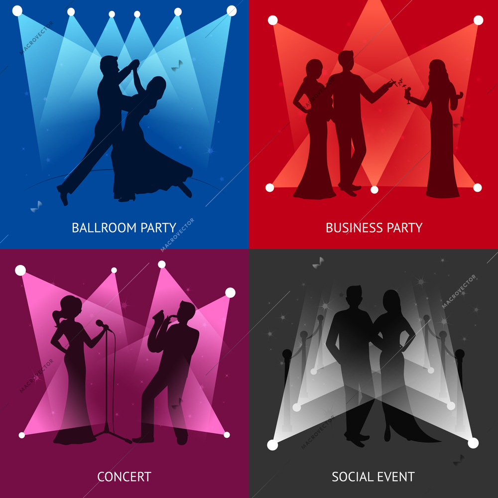 Party design concept set with ballroom and concert flat icons isolated vector illustration