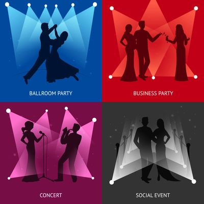 Party design concept set with ballroom and concert flat icons isolated vector illustration