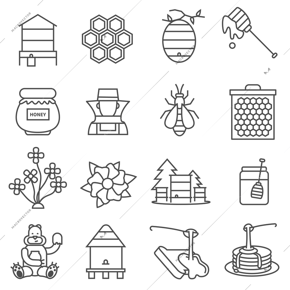 Honey line black white icons set with flowers bear and bees flat isolated vector illustration