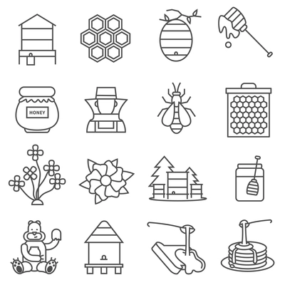 Honey line black white icons set with flowers bear and bees flat isolated vector illustration