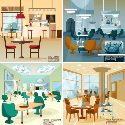 Luxury hotel coffee bar interior 4 flat interactive icons composition for internet page  abstract isolated vector illustration