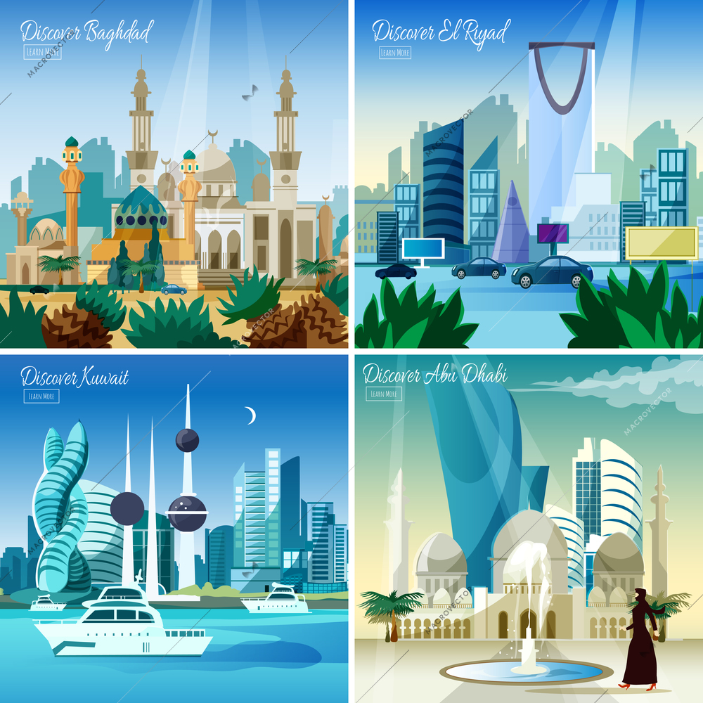 Discover baghdad kuwait  and abu dhabi largest arabic cities 4 flat icons square composition webpage vector illustration