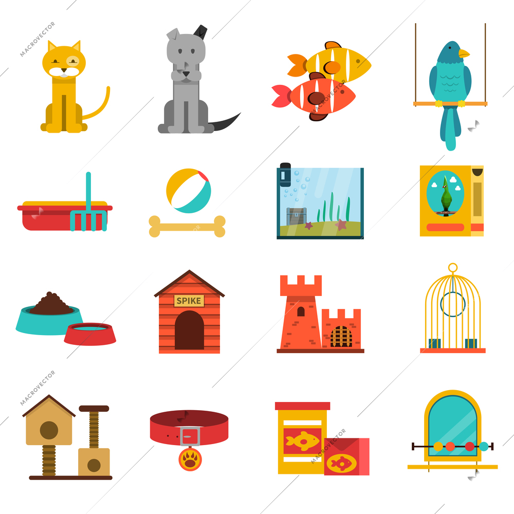 Pets flat icons set with cat dog fishes and bird isolated vector illustration