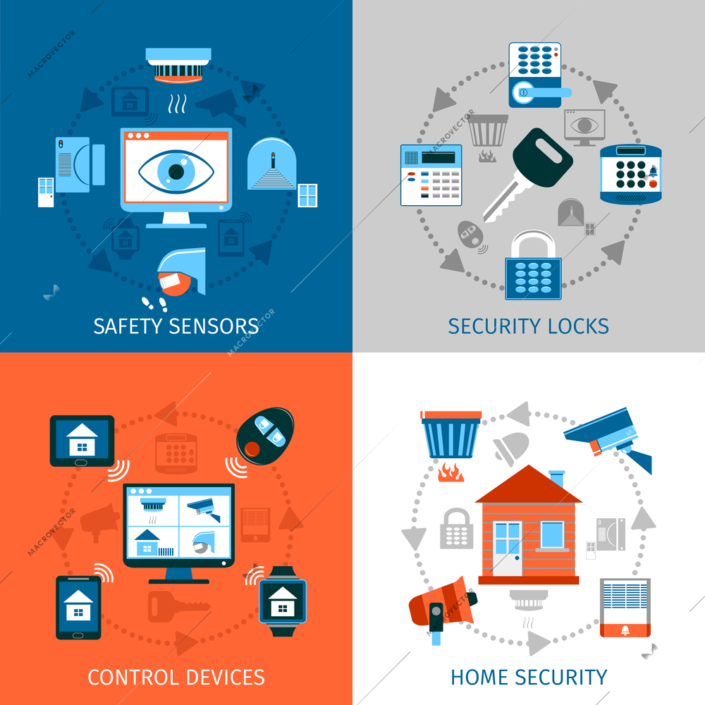 Home safety concept icons set with security locks and control devices symbols flat isolated vector illustration