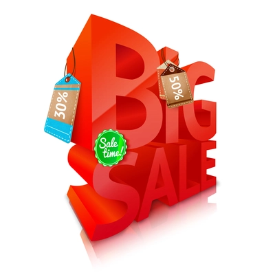 Big red 3d sale text with discount labels emblem vector illustration