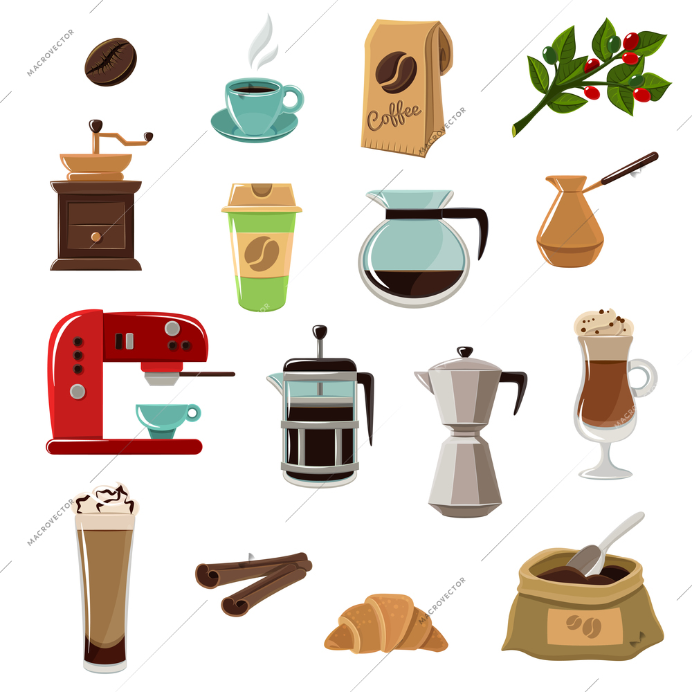 Vintage classic style coffee set flat icons composition with beans grinder and coffeemaker abstract isolated vector illustration