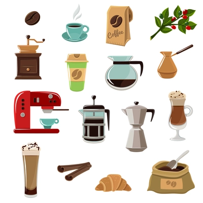 Vintage classic style coffee set flat icons composition with beans grinder and coffeemaker abstract isolated vector illustration