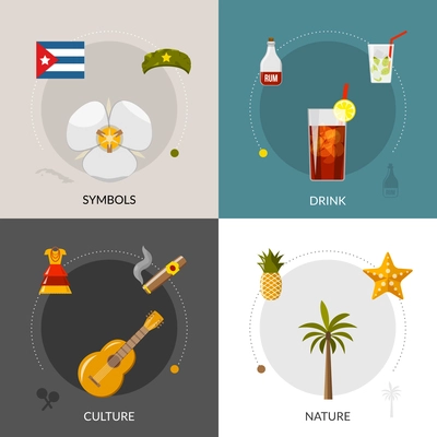 Cuban national symbol flag and famous rum cocktail 4 flat icons square composition banner abstract isolated vector illustration