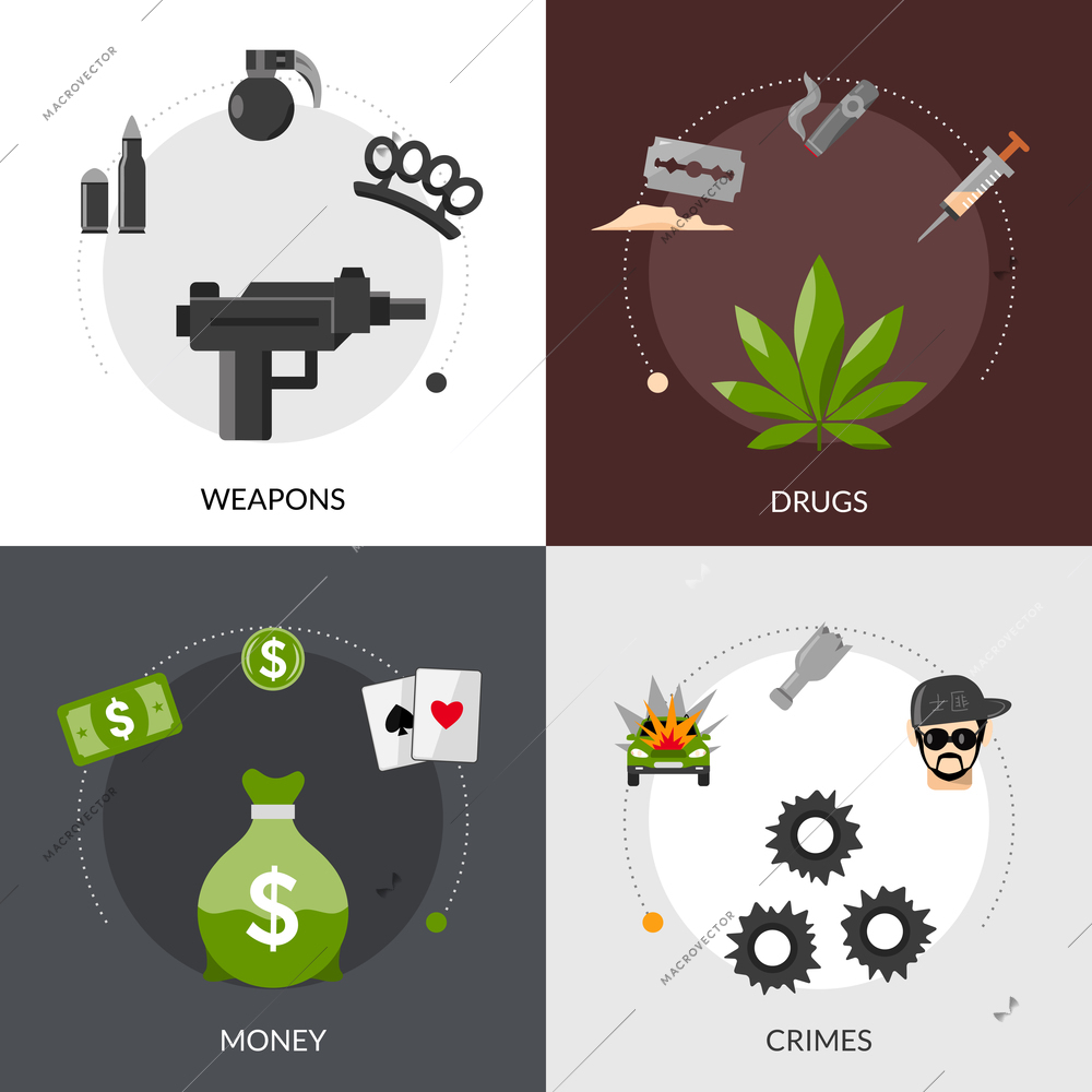 Gangster flat icons composition of weapons drugs money and crimes square concept vector illustration