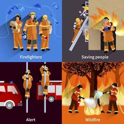 Firefighter people 2x2 design compositions of firefighters crew alerting wildfire and saving people flat vector illustration