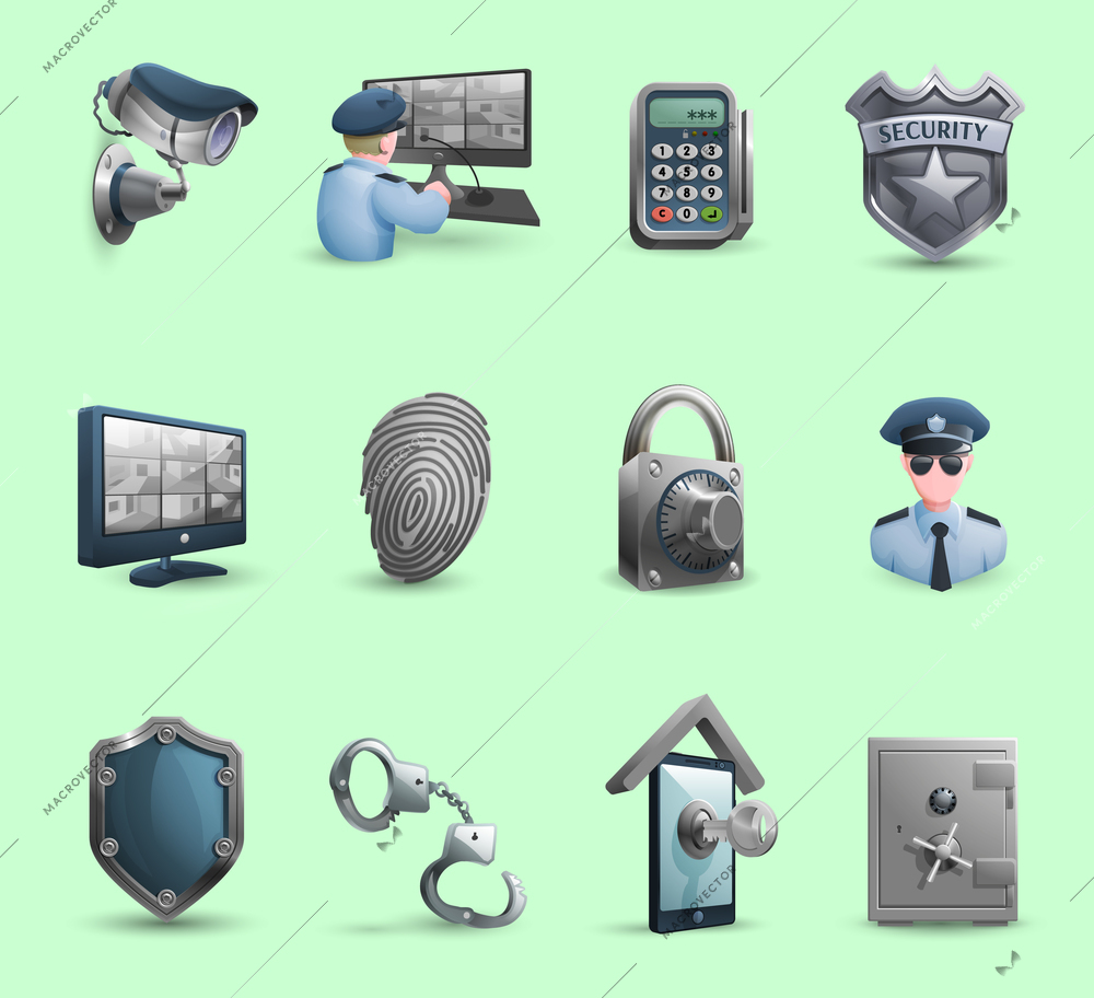 Decorative security icons set with  policeman badge handcuffs and symbols of protection  and guard isolated vector illustration