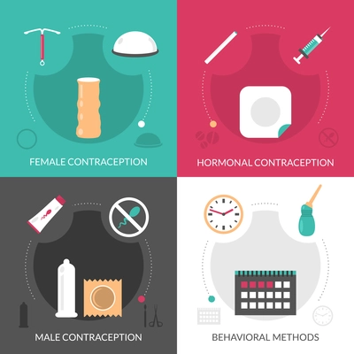 Contraception concept icons set with hormonal and behavioral methods flat isolated vector illustration