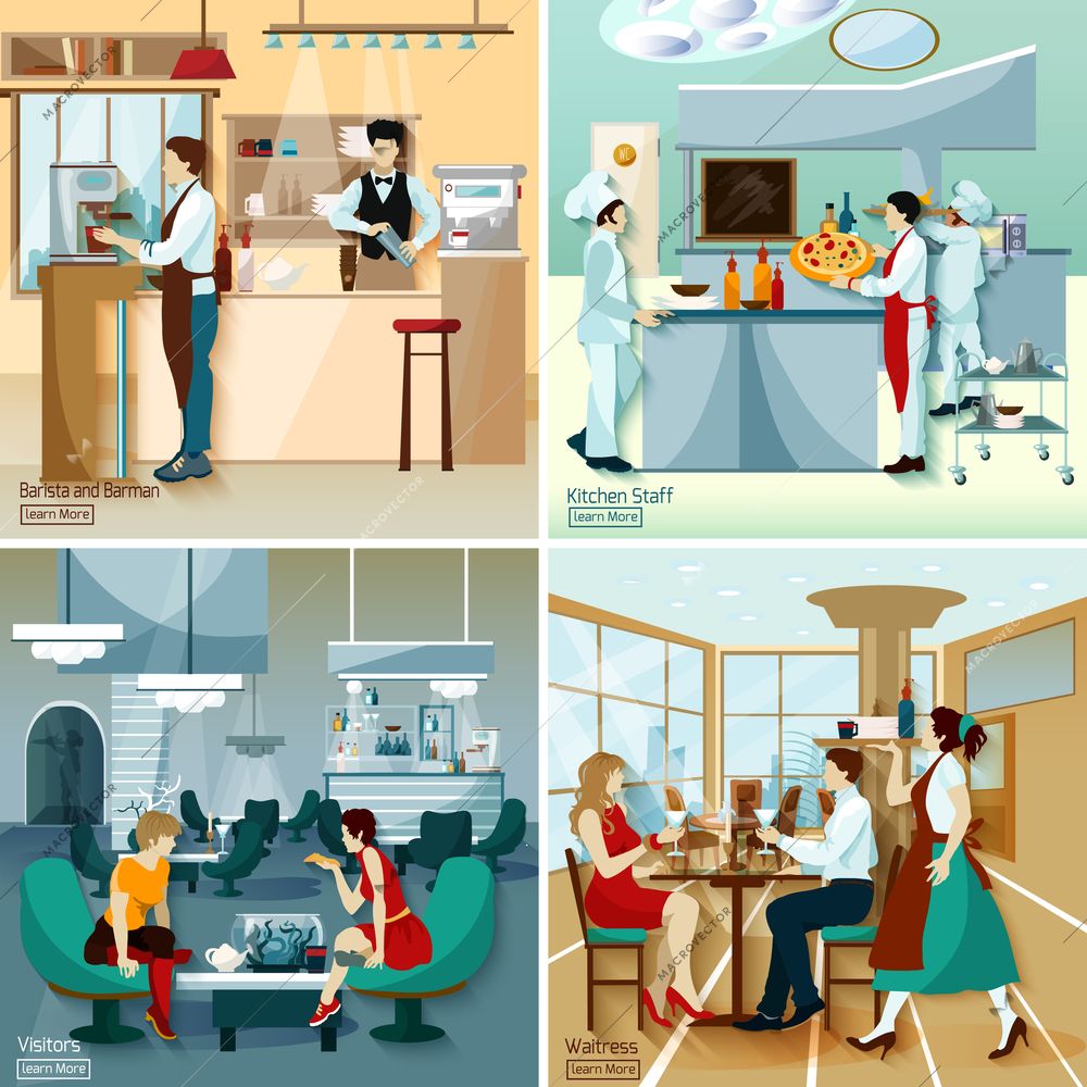 Restaurant people 2x2 design concept set with barista barmen kitchen staff visitors and waitress flat vector illustration