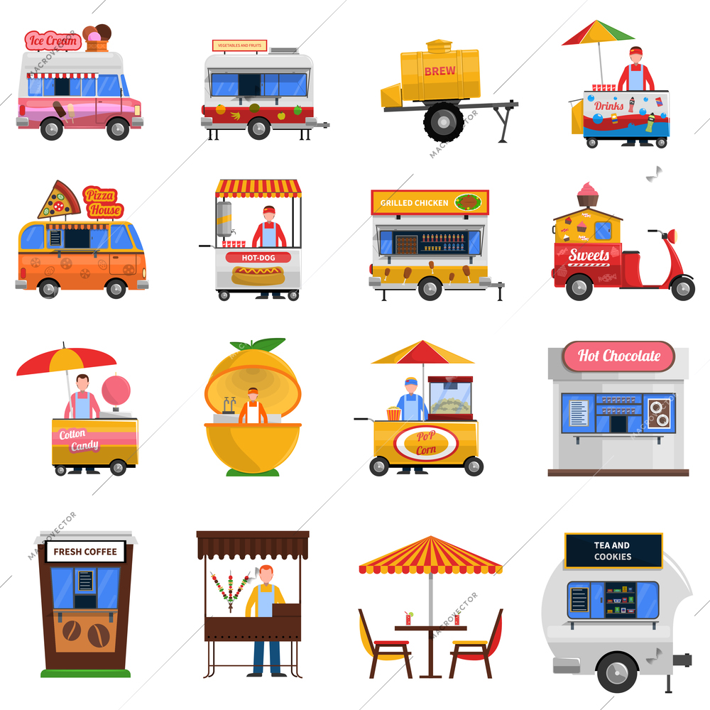 Street food icons set with hot dog grilled  chicken and fresh coffee symbols flat isolated vector illustration