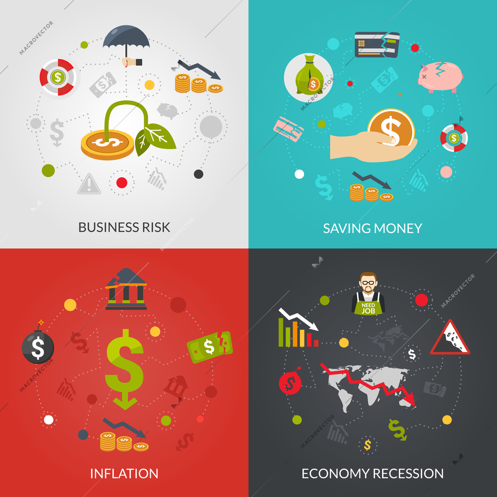 Financial crisis 4 flat Icons composition poster with inflation and recession business risks abstract isolated vector illustration