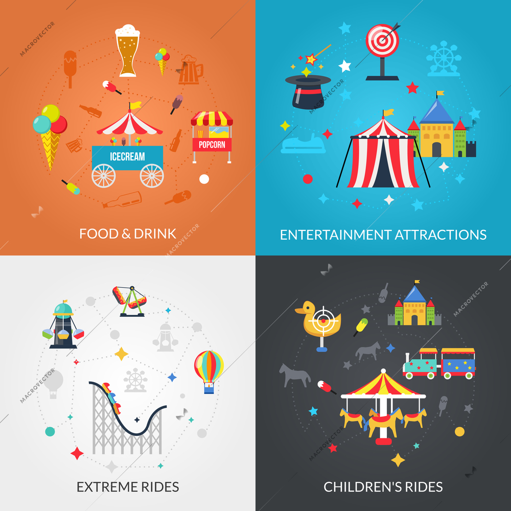 Traveling circus amusement park attractions with drinks and snacks 4 flat icons composition square abstract isolated vector illustration