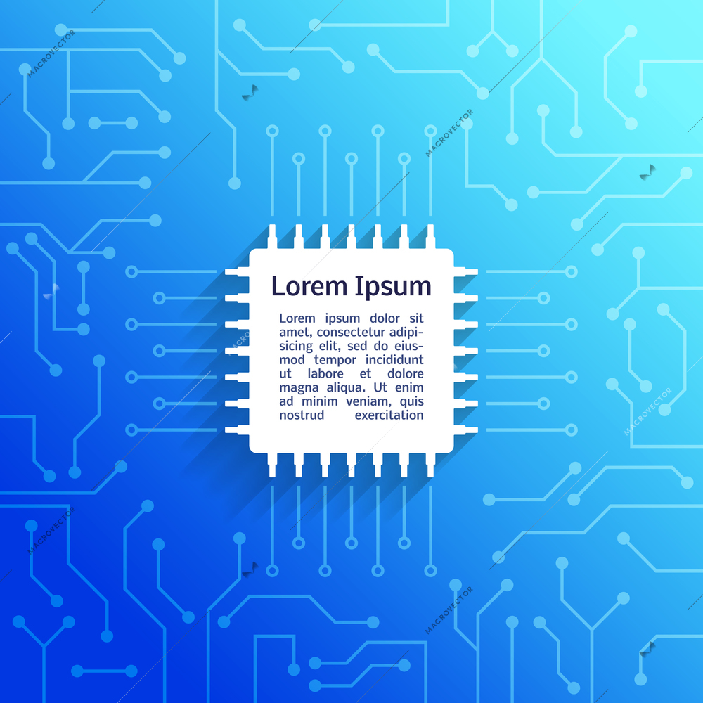 Electronic device circuit board bright blue background poster vector illustration