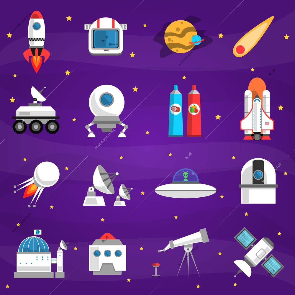 Space icons set with rocket lunar station astronaut food isolated vector illustration