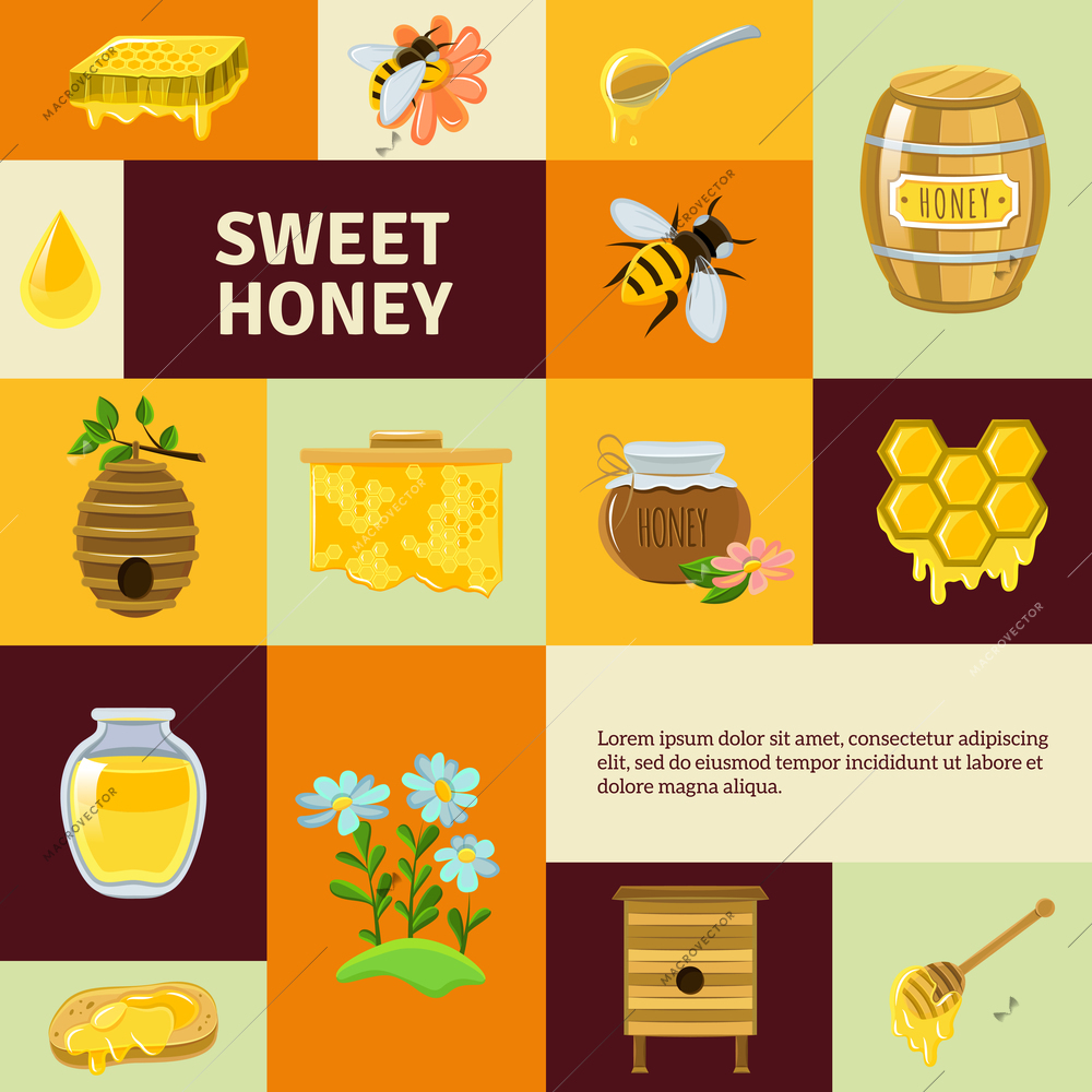 Sweet honey icons set with bees flowers and honeycombs flat isolated vector illustration