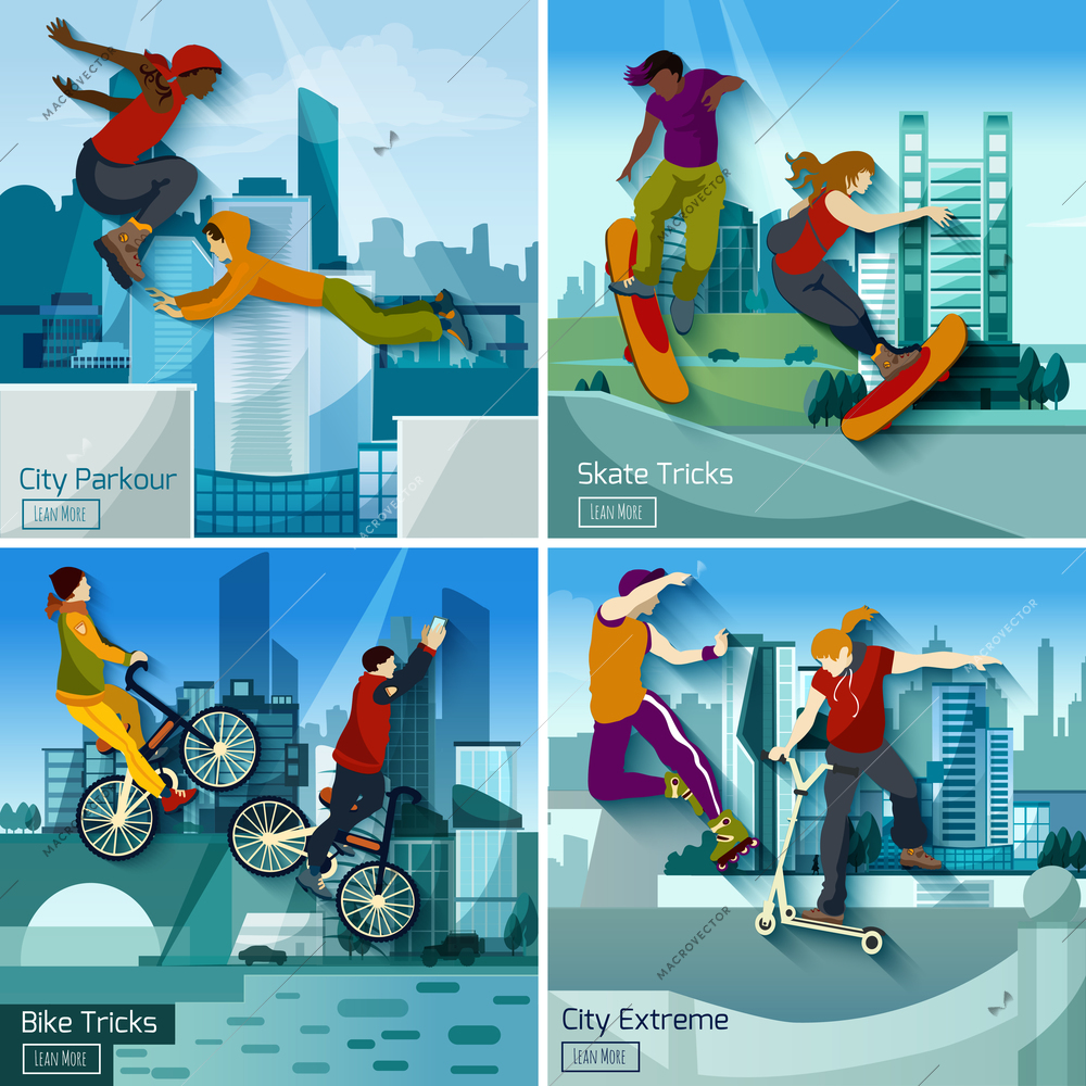 Extreme city sports 2x2 design concept set of parkour skate and bike tricks compositions flat vector illustration