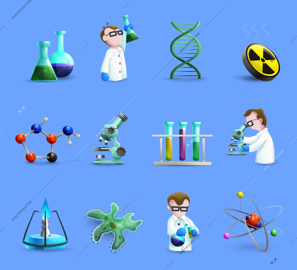 Science icons set with working assistants atom structure and laboratory equipment  isolated vector illustration