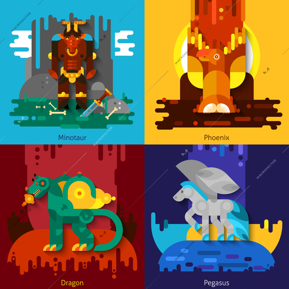 Four flat mythical creatures with minotaur and dragon and phoenix and pegasus set vector illustration