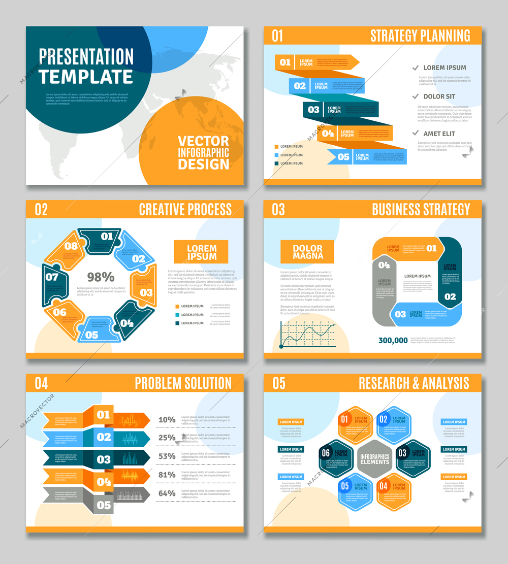 Infographic template presentation set with business strategy creative process and problem solution symbols flat isolated vector illustration