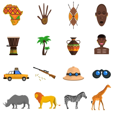 Safari flat icons set with african animals and hunting equipment isolated vector illustration