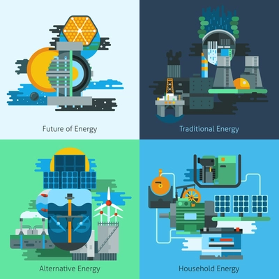 Energy production design concept set with fuel and electiricy manufacturing flat icons isolated vector illustration
