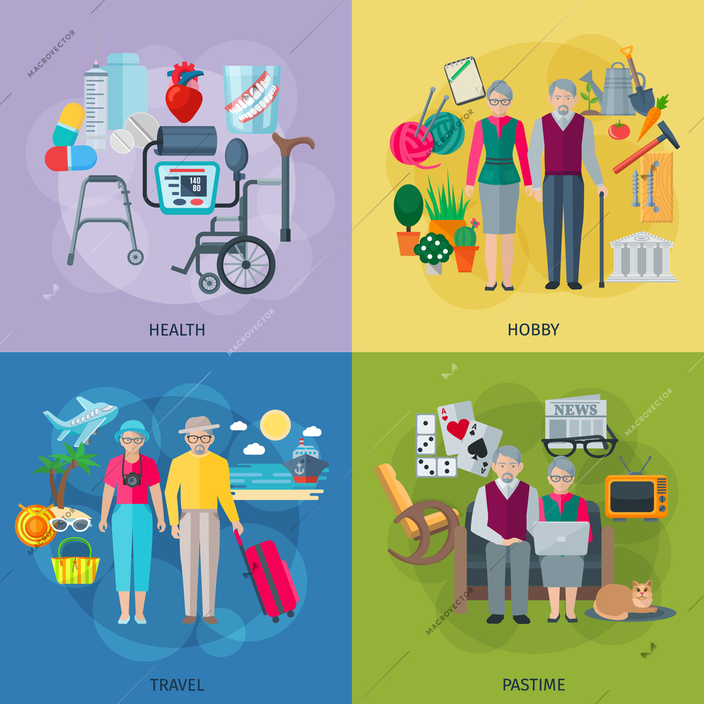 Pensioners life concept icons set with health hobby travel and pastime symbols flat isolated vector illustration