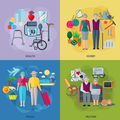 Pensioners life concept icons set with health hobby travel and pastime symbols flat isolated vector illustration