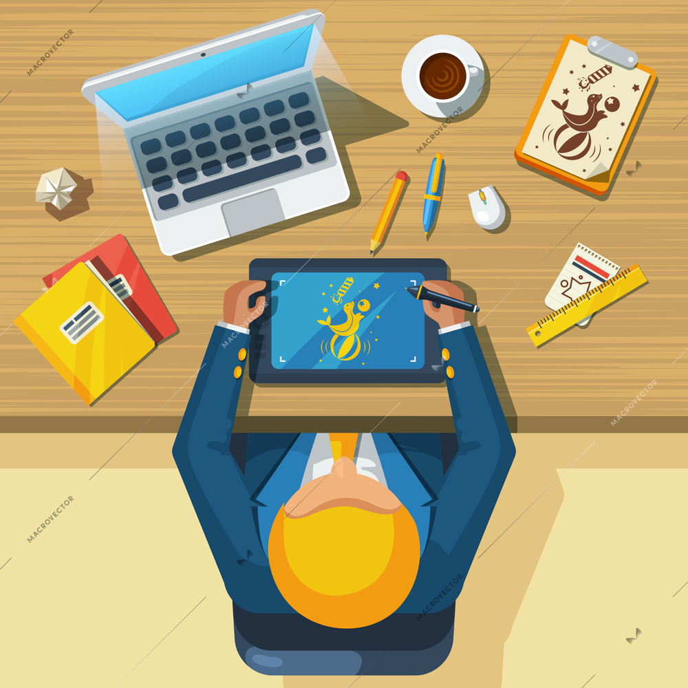 Web graphic creative designer inspirational workplace top view flat icon with laptop computer tablet and accessories vector illustration