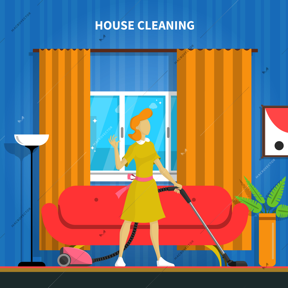 House cleaning background with a vacuum cleaner and a room flat vector illustration