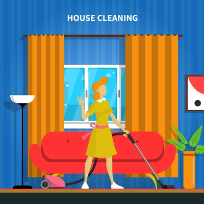 House cleaning background with a vacuum cleaner and a room flat vector illustration