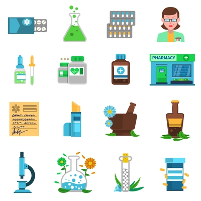 Pharmacy icons set with medical shop buildings and medicines isolated vector illustration