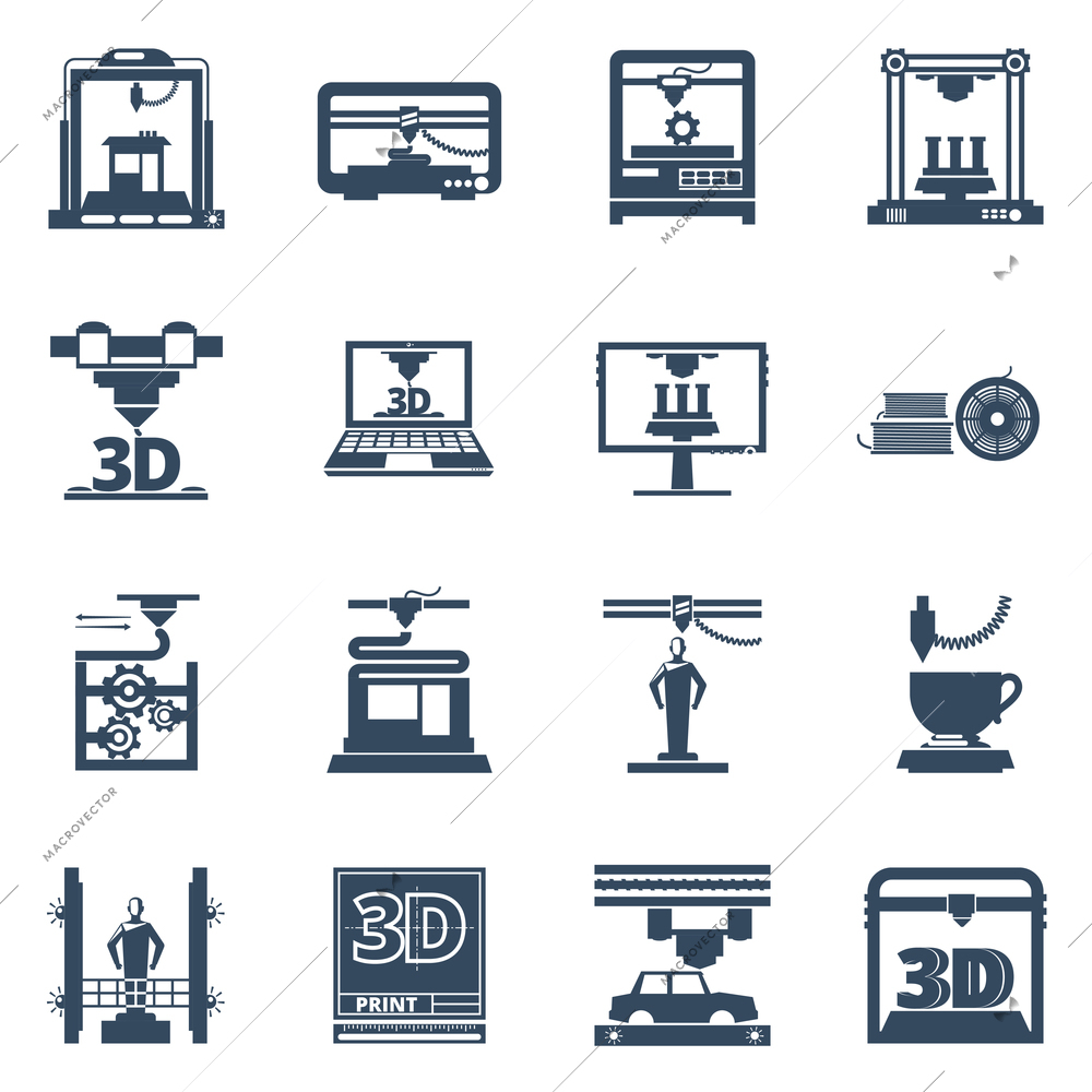 3D Printing technology black icons set with software for creating objects from digital files abstract isolated vector illustration