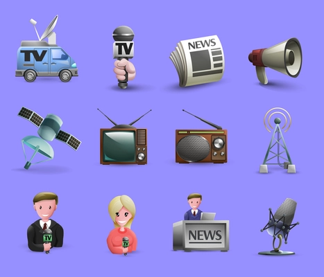 Media icons set of news presenters news maker tools tv and radio devices cartoon isolated vector illustration