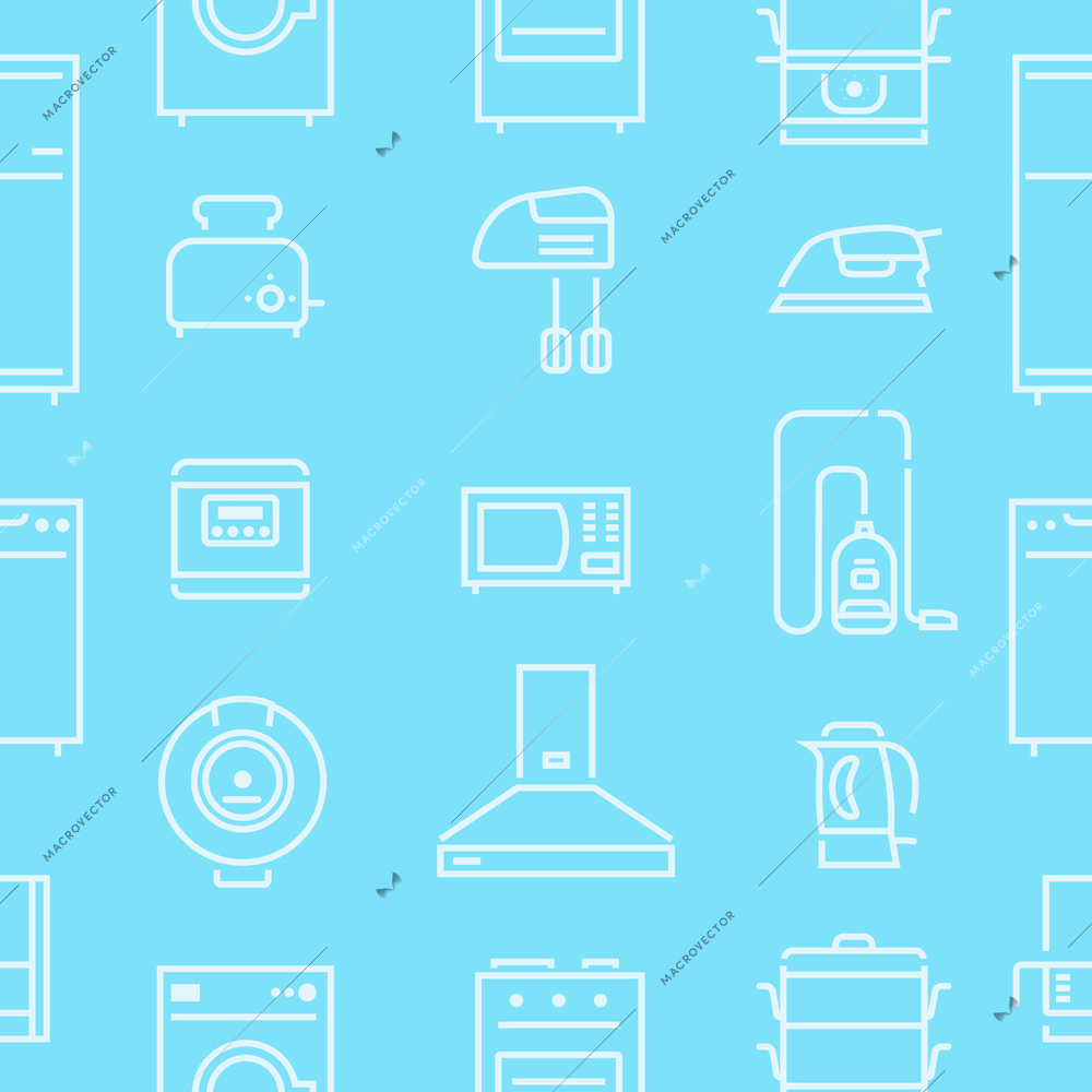 House appliances line seamless pattern on blue background flat vector illustration