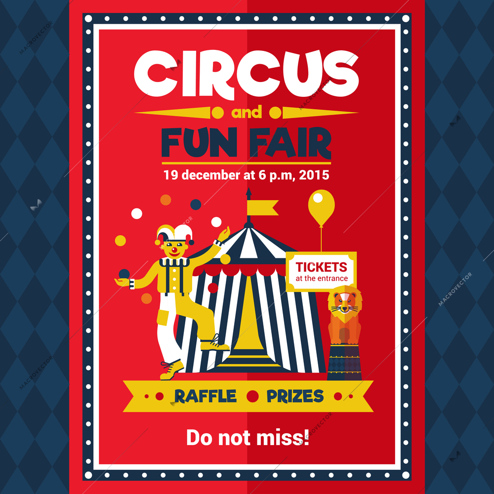 Funfair chapiteau travelling circus performance announcement retro style red poster with lion and clown juggler vector illustration