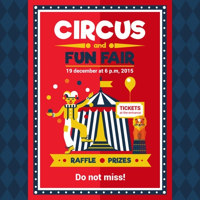 Funfair chapiteau travelling circus performance announcement retro style red poster with lion and clown juggler vector illustration