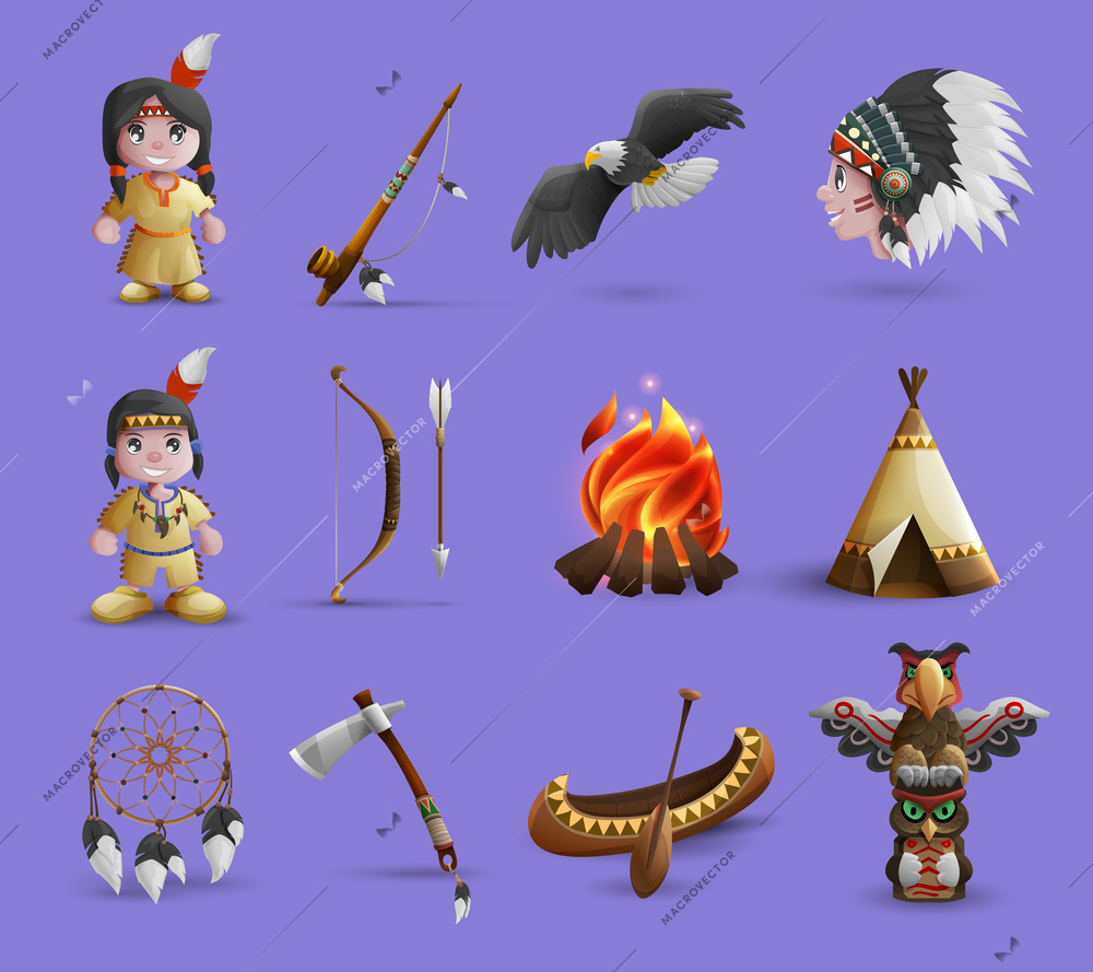 Native american cartoon  icons set with figurines in national dress and hunting equipment isolated  vector illustration