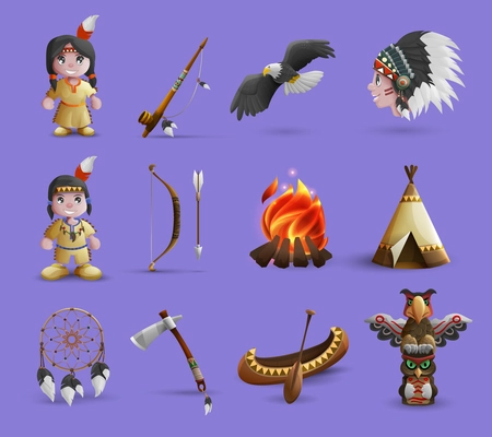 Native american cartoon  icons set with figurines in national dress and hunting equipment isolated  vector illustration