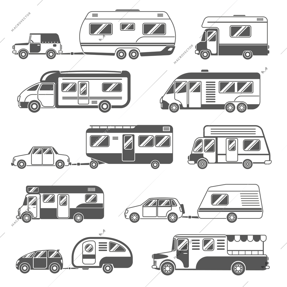 Motorhomes black white icons set with trailers and cars flat isolated vector illustration