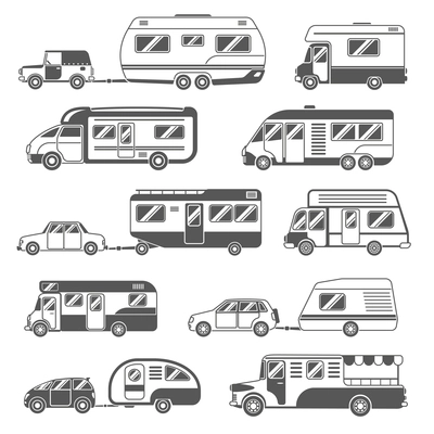 Motorhomes black white icons set with trailers and cars flat isolated vector illustration