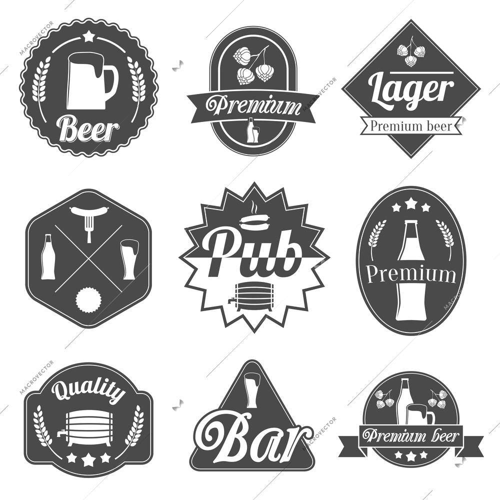 Alcohol beer party labels badges collection of bottle glass mug crayfish and lobster isolated hand drawn sketch vector illustration