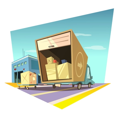 Warehouse concept with retro style delivery truck and trolley with boxes vector illustration
